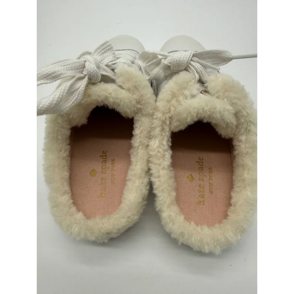 Kate Spade Fez Mule Winter Lace Up Sneaker White Leather‎ Faux Fur Trim 7.5B